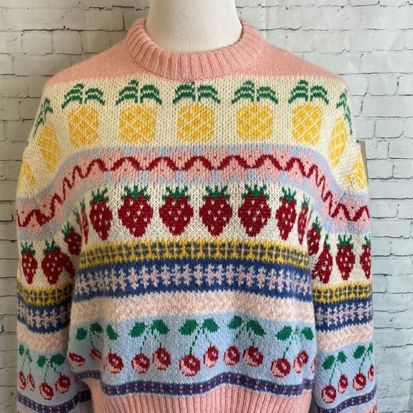 Zara Jacquard Fruit Strawberry Cherry Pineapple Sweater M Knit Fall Blogger Fave - Picture 6 of 16